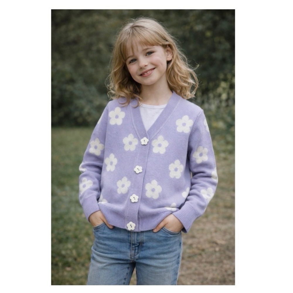 Margaux & Lexi Girls Lilac Purple Daisy Floral Knit Cardigan Preppy Sweater